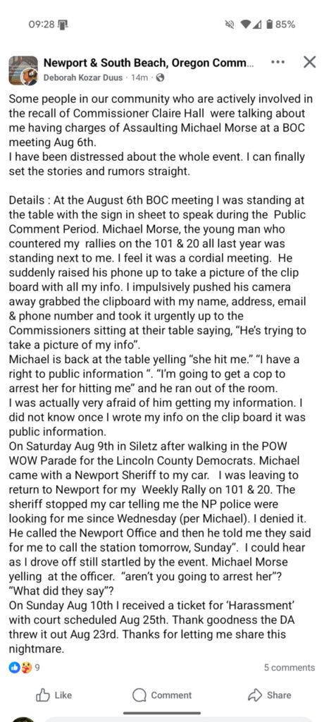 A SCREENSHOT of a Facebook community page written by Deborah Kozar Duus described, in her own words, the incident for which she was cited by Newport Police for harassment.
