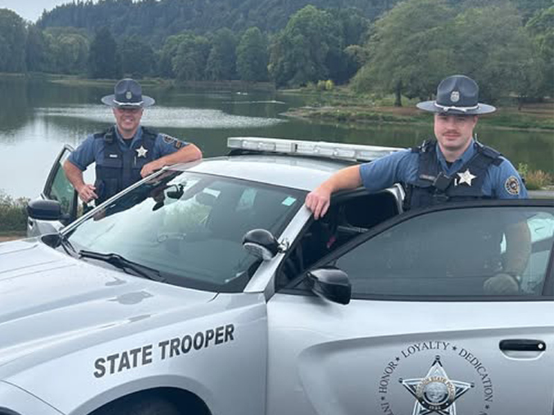 Sgt. First Class Halsey, left, a retiring veteran of the Oregon State Police with 25 years of service, works a final shift alongside his son, Trooper Halsey, right, during a patrol last month. (Oregon State Police Photo) Sgt. First Class Halsey, left, a retiring veteran of the Oregon State Police with 25 years of service, works a final shift alongside his son, Trooper Halsey, right, during a patrol last month. (Oregon State Police Photo)